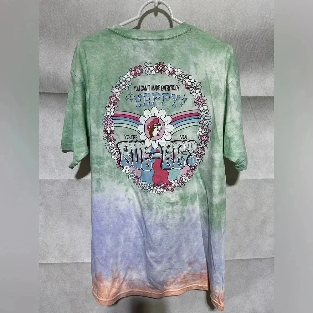 Buc-ees Shirt Womenās Large Tie Dye Short Sleeve Colorful Happy Hippie Flower